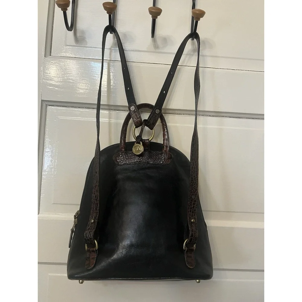 Vintage Brahmin Leather Black Brown Tuscan Backpack Purse Croc Print Straps
